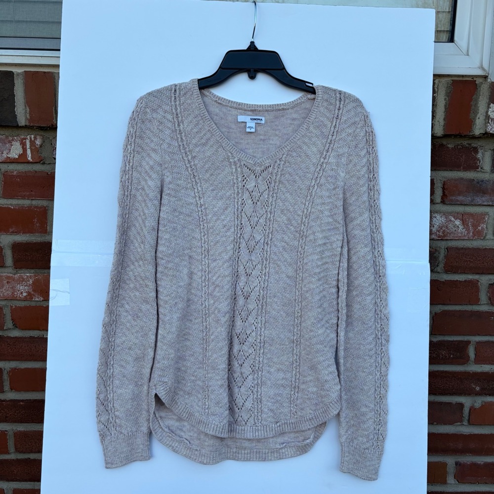Sonoma Goods For Life Womens V-Neck Cable Knit Sweater Beige Marl Smalldvvg gf